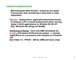 System-level Benchmarks Microcomputer Benchmarks   :   measures the speed   of processor with considering a slow disk or video   subsystem. Winston  :  System-level, application-based benchmark   to measure a PC ’ s overall performance when running   today ’ s 32-bit applications on Window 95, 98, NT.    [Ex]  Winstone 98 ratings for 80x86s Performance Rating  : Cyrix and AMD developed the P-rating  (Processor Performance) system --- running applications on a processor and compare to a Pentium u-P.  [Ex] Table 1-2 : PR166 ~ 366 for AMD and Cyrix chips Motaz K. Saad, Dept. of CS 