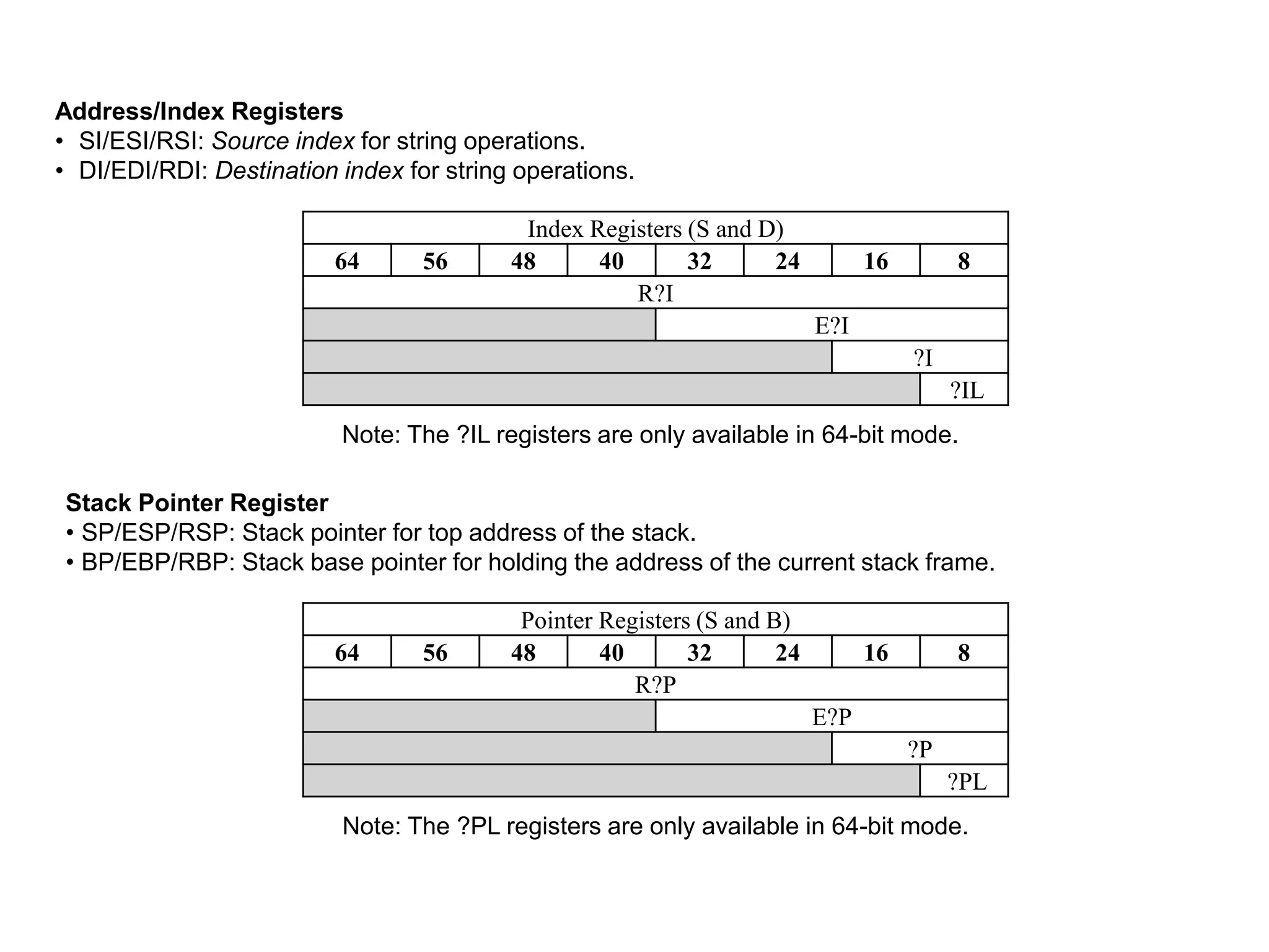 Address/Index Registers
• SI/ESI/RSI: Source index for string operations.
• DI/EDI/RDI: Destination index for string operations.
Index Registers (S and D)
64 56 48 40 32 24 16 8
R?I
E?I
?I
?IL
Note: The ?IL registers are only available in 64-bit mode.
Stack Pointer Register
• SP/ESP/RSP: Stack pointer for top address of the stack.
• BP/EBP/RBP: Stack base pointer for holding the address of the current stack frame.
Pointer Registers (S and B)
64 56 48 40 32 24 16 8
R?P
E?P
?P
?PL
Note: The ?PL registers are only available in 64-bit mode.
 