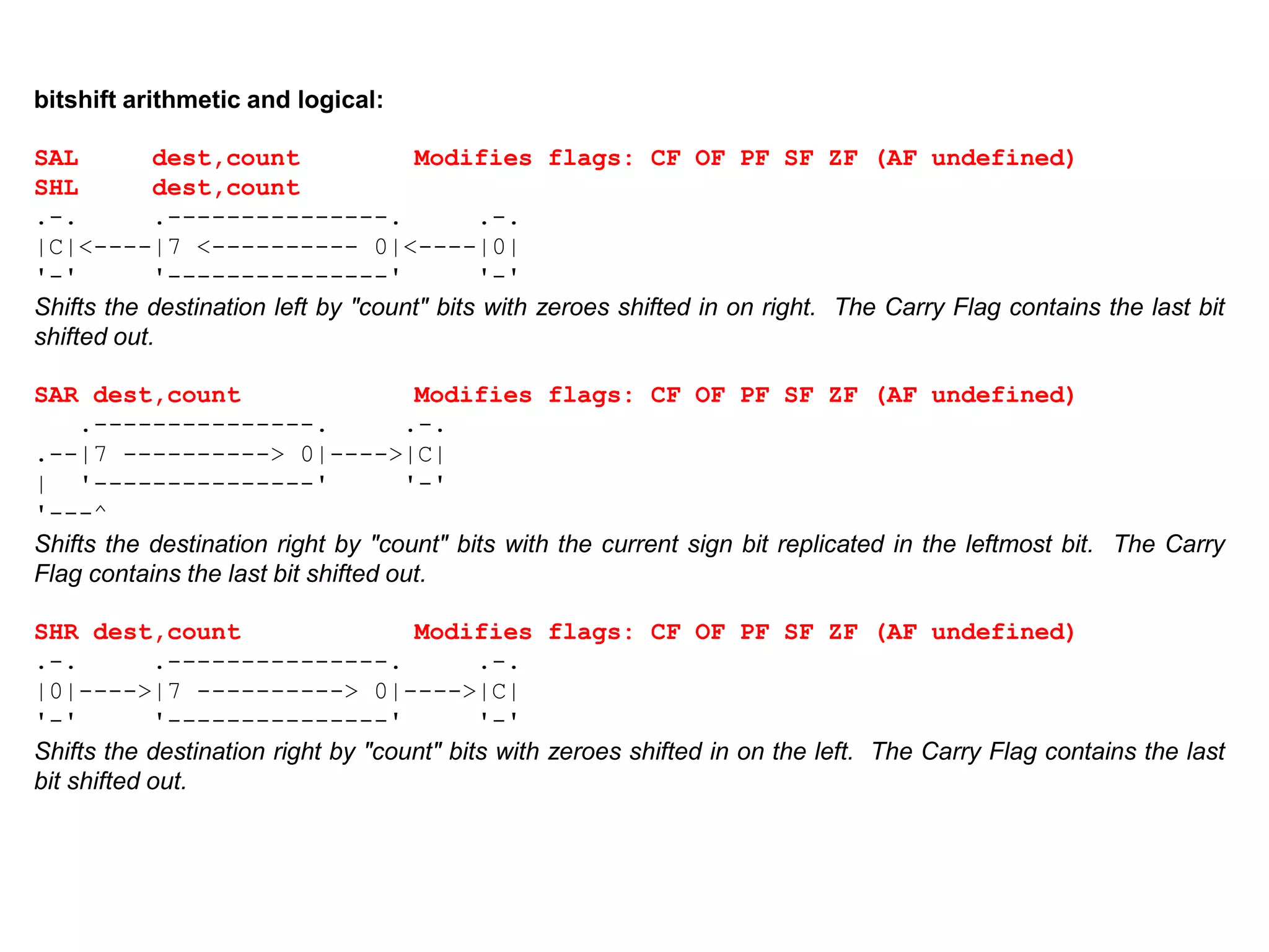 bitshift arithmetic and logical:
SAL dest,count Modifies flags: CF OF PF SF ZF (AF undefined)
SHL dest,count
.-. .---------------. .-.
|C|<----|7 <---------- 0|<----|0|
'-' '---------------' '-'
Shifts the destination left by "count" bits with zeroes shifted in on right. The Carry Flag contains the last bit
shifted out.
SAR dest,count Modifies flags: CF OF PF SF ZF (AF undefined)
.---------------. .-.
.--|7 ----------> 0|---->|C|
| '---------------' '-'
'---^
Shifts the destination right by "count" bits with the current sign bit replicated in the leftmost bit. The Carry
Flag contains the last bit shifted out.
SHR dest,count Modifies flags: CF OF PF SF ZF (AF undefined)
.-. .---------------. .-.
|0|---->|7 ----------> 0|---->|C|
'-' '---------------' '-'
Shifts the destination right by "count" bits with zeroes shifted in on the left. The Carry Flag contains the last
bit shifted out.
 
