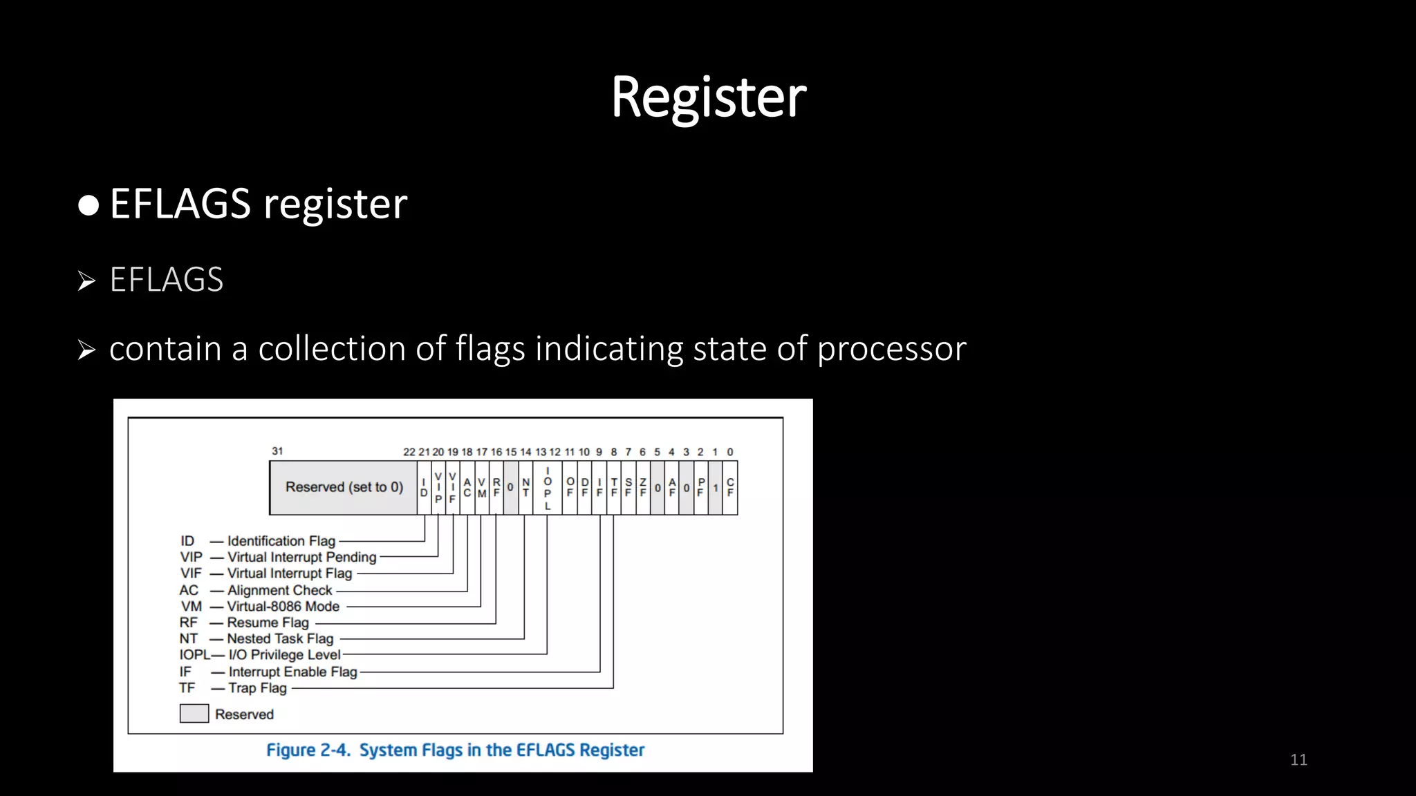 Register
11
 EFLAGS register
 EFLAGS
 contain a collection of flags indicating state of processor
 