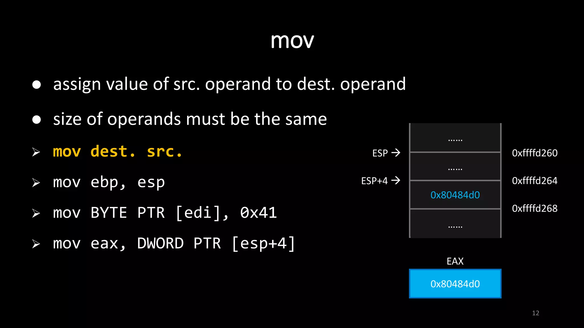 mov
12
 assign value of src. operand to dest. operand
 size of operands must be the same
 mov dest. src.
 mov ebp, esp
 mov BYTE PTR [edi], 0x41
 mov eax, DWORD PTR [esp+4]
……
……
0x80484d0
……
ESP+4 
ESP  0xffffd260
……
……
0xffffd264
0xffffd268
0x80484d0
EAX
 