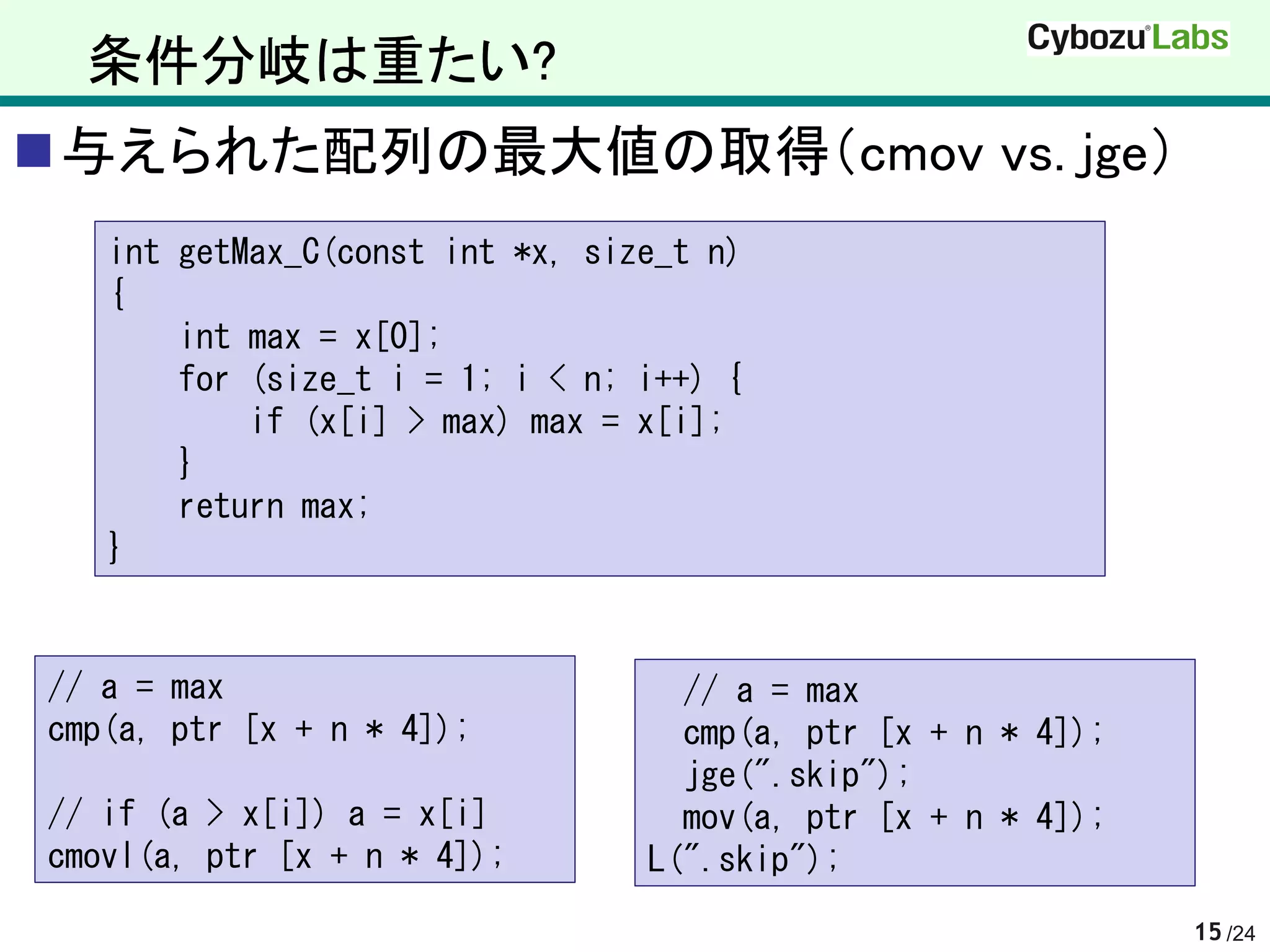 条件分岐は重たい?
与えられた配列の最大値の取得（cmov vs. jge）
   int getMax_C(const int *x, size_t n)
   {
       int max = x[0];
       for (size_t i = 1; i < n; i++) {
           if (x[i] > max) max = x[i];
       }
       return max;
   }


// a = max                         // a = max
cmp(a, ptr [x + n * 4]);           cmp(a, ptr [x + n * 4]);
                                   jge(".skip");
// if (a > x[i]) a = x[i]          mov(a, ptr [x + n * 4]);
cmovl(a, ptr [x + n * 4]);       L(".skip");
                                                              15 /24
 