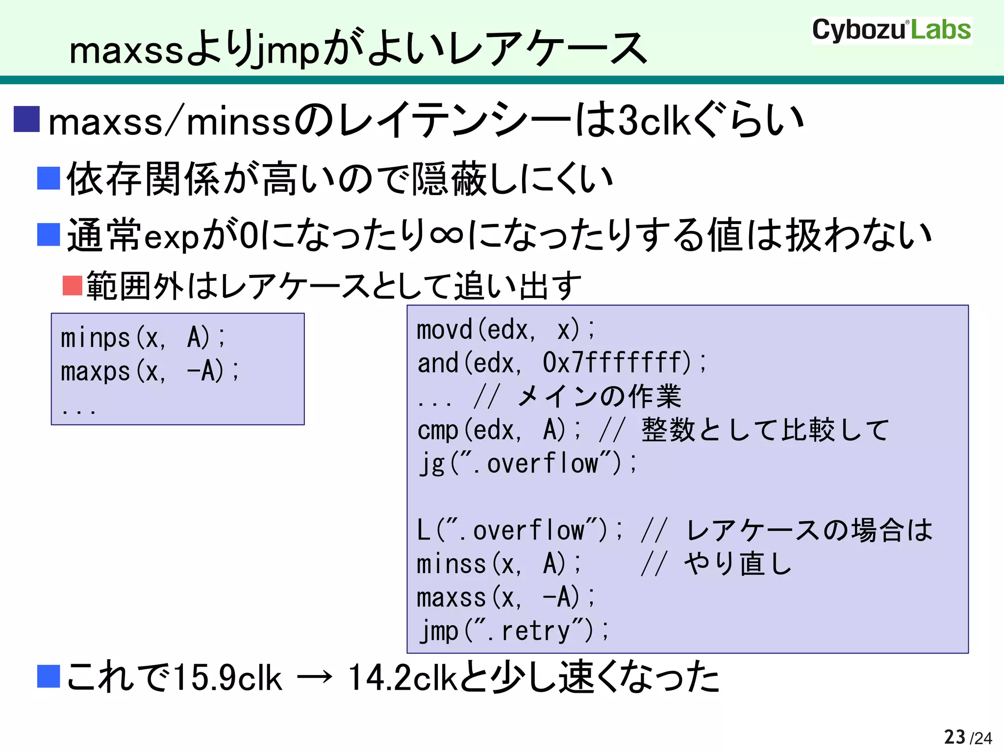maxssよりjmpがよいレアケース
maxss/minssのレイテンシーは3clkぐらい
依存関係が高いので隠蔽しにくい
通常expが0になったり∞になったりする値は扱わない
 範囲外はレアケースとして追い出す
 minps(x, A);    movd(edx, x);
 maxps(x, -A);   and(edx, 0x7fffffff);
 ...             ... // メインの作業
                 cmp(edx, A); // 整数として比較して
                 jg(".overflow");

                 L(".overflow"); // レアケースの場合は
                 minss(x, A);    // やり直し
                 maxss(x, -A);
                 jmp(".retry");
これで15.9clk → 14.2clkと少し速くなった
                                                23 /24
 