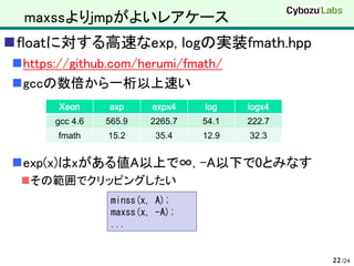 maxssよりjmpがよいレアケース
floatに対する高速なexp, logの実装fmath.hpp
https://github.com/herumi/fmath/
gccの数倍から一桁以上速い
       Xeon     exp      expx4    log    logx4
      gcc 4.6   565.9    2265.7   54.1   222.7
       fmath    15.2      35.4    12.9   32.3


exp(x)はxがある値A以上で∞, -A以下で0とみなす
 その範囲でクリッピングしたい
                 minss(x, A);
                 maxss(x, -A);
                 ...


                                                 22 /24
 