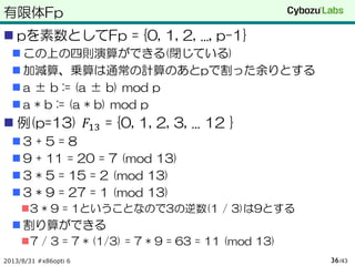 有限体Fp
 pを素数としてFp = {0, 1, 2, ..., p-1}
 この上の四則演算ができる(閉じている)
 加減算、乗算は通常の計算のあとpで割った余りとする
 a ± b := (a ± b) mod p
 a * b := (a * b) mod p
 例(p=13) 𝐹13 = {0, 1, 2, 3, ... 12 }
 3 + 5 = 8
 9 + 11 = 20 = 7 (mod 13)
 3 * 5 = 15 = 2 (mod 13)
 3 * 9 = 27 = 1 (mod 13)
3 * 9 = 1ということなので3の逆数(1 / 3)は9とする
 割り算ができる
7 / 3 = 7 * (1/3) = 7 * 9 = 63 = 11 (mod 13)
2013/8/31 #x86opti 6 /4336
 
