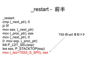 _restart - 前半
_restart:
cmp (_next_ptr), 0
jz 0f
mov eax, (_next_ptr)
mov (_proc_ptr), eax         TSS の sp0 をセット
mov (_next_ptr), 0
0: mov esp, (_proc_ptr)
lldt P_LDT_SEL(esp)
lea eax, P_STACKTOP(esp)
mov (_tss+TSS3_S_SP0), eax
 