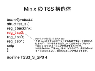 Minix の TSS 構造体
kernel/protect.h
struct tss_s {
reg_t backlink;
reg_t sp0;
reg_t ss0;         mov (_tss+TSS3_S_SP0), eax
reg_t sp1;         ↑ の mov 命令で sp0 をセットするわけですが、その仕組み
                   は単純で、 TSS を表す構造体 _tss の先頭からオフセット
snip               TSS3_S_SP0 バイト目にアクセスするだけです。
                   386 版の aMinix では reg_t は 4 バイトなので、先頭から 4 バ
};                 イト目は sp0 となり、目的の位置にアクセスできます。


#define TSS3_S_SP0 4
 