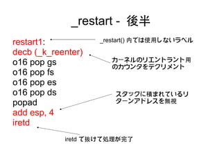 _restart - 後半
restart1:           _restart() 内では使用しないラベル

decb (_k_reenter)
                      カーネルのリエントラント用
o16 pop gs            のカウンタをデクリメント
o16 pop fs
o16 pop es
o16 pop ds             スタックに積まれているリ
popad                  ターンアドレスを無視

add esp, 4
iretd
            iretd で抜けて処理が完了
 
