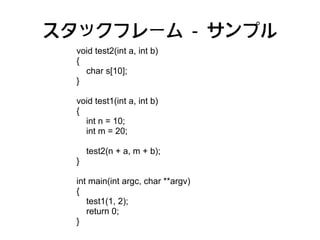 スタックフレーム - サンプル
  void test2(int a, int b)
  {
    char s[10];
  }

  void test1(int a, int b)
  {
    int n = 10;
    int m = 20;

      test2(n + a, m + b);
  }

  int main(int argc, char **argv)
  {
     test1(1, 2);
     return 0;
  }
 