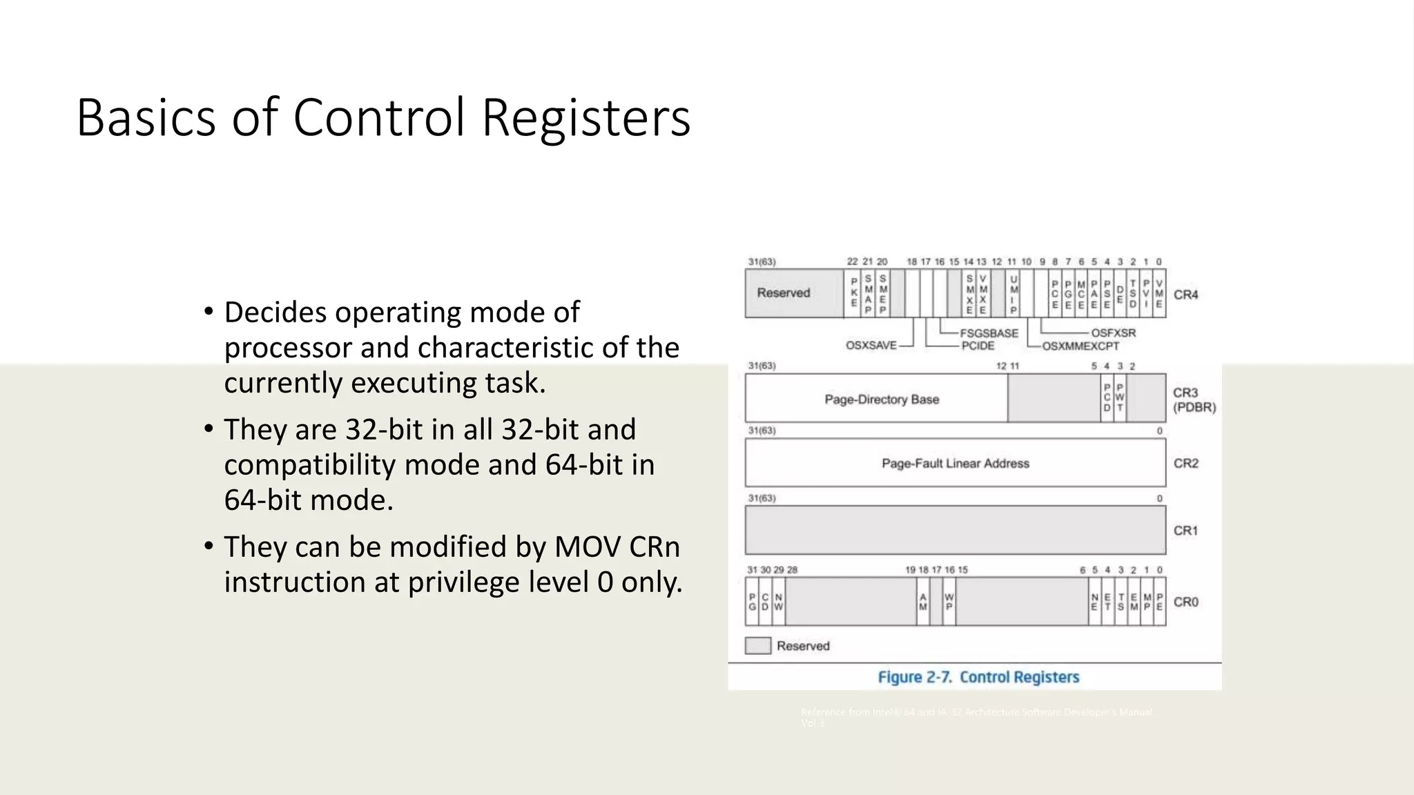 Intel Confidential
Department or Event Name 14
Intel Confidential
Department or Event Name 14
14
Basics of Control Registers
• Decides operating mode of
processor and characteristic of the
currently executing task.
• They are 32-bit in all 32-bit and
compatibility mode and 64-bit in
64-bit mode.
• They can be modified by MOV CRn
instruction at privilege level 0 only.
Reference from Intel® 64 and IA-32 Architecture Software Developer’s Manual
Vol 3
 