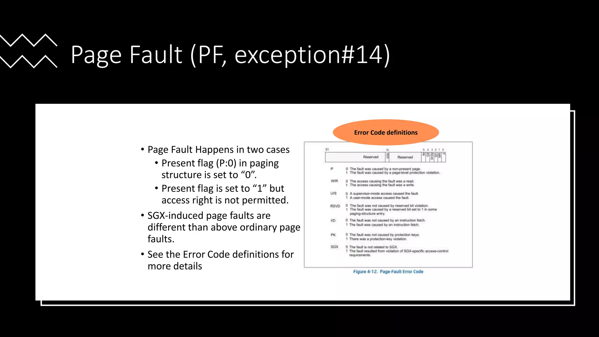Intel Confidential
Department or Event Name 55
Intel Confidential
Department or Event Name 55
55
Page Fault (PF, exception#14)
• Page Fault Happens in two cases
• Present flag (P:0) in paging
structure is set to “0”.
• Present flag is set to “1” but
access right is not permitted.
• SGX-induced page faults are
different than above ordinary page
faults.
• See the Error Code definitions for
more details.
Error Code definitions
Reference from Intel® 64 and IA-32 Architecture Software Developer’s Manual
Vol 3
 