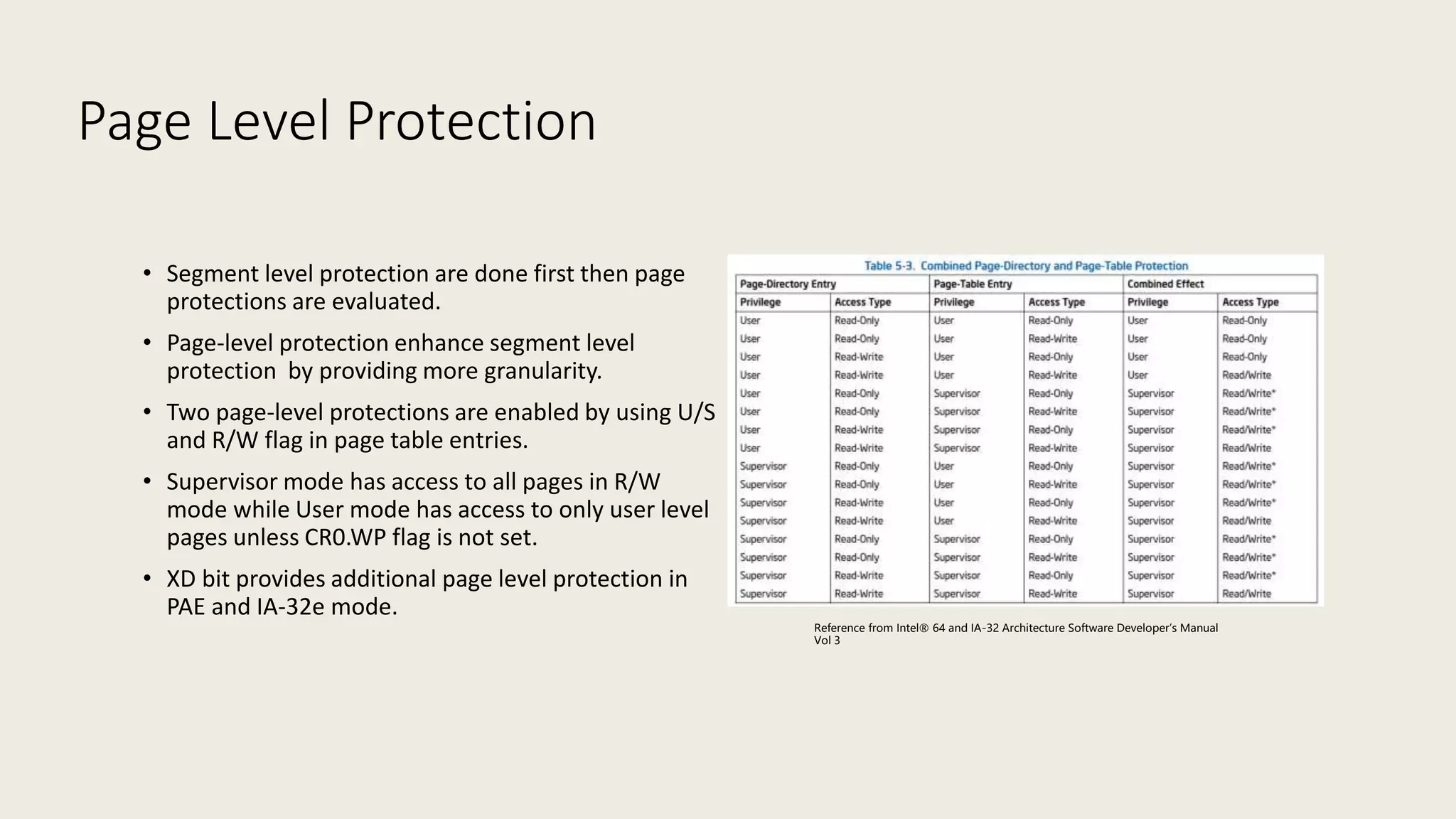 Intel Confidential
Department or Event Name 64
Intel Confidential
Department or Event Name 64
64
Page Level Protection
• Segment level protection are done first then page
protections are evaluated.
• Page-level protection enhance segment level
protection by providing more granularity.
• Two page-level protections are enabled by using U/S
and R/W flag in page table entries.
• Supervisor mode has access to all pages in R/W
mode while User mode has access to only user level
pages unless CR0.WP flag is not set.
• XD bit provides additional page level protection in
PAE and IA-32e mode.
Reference from Intel® 64 and IA-32 Architecture Software Developer’s Manual
Vol 3
 