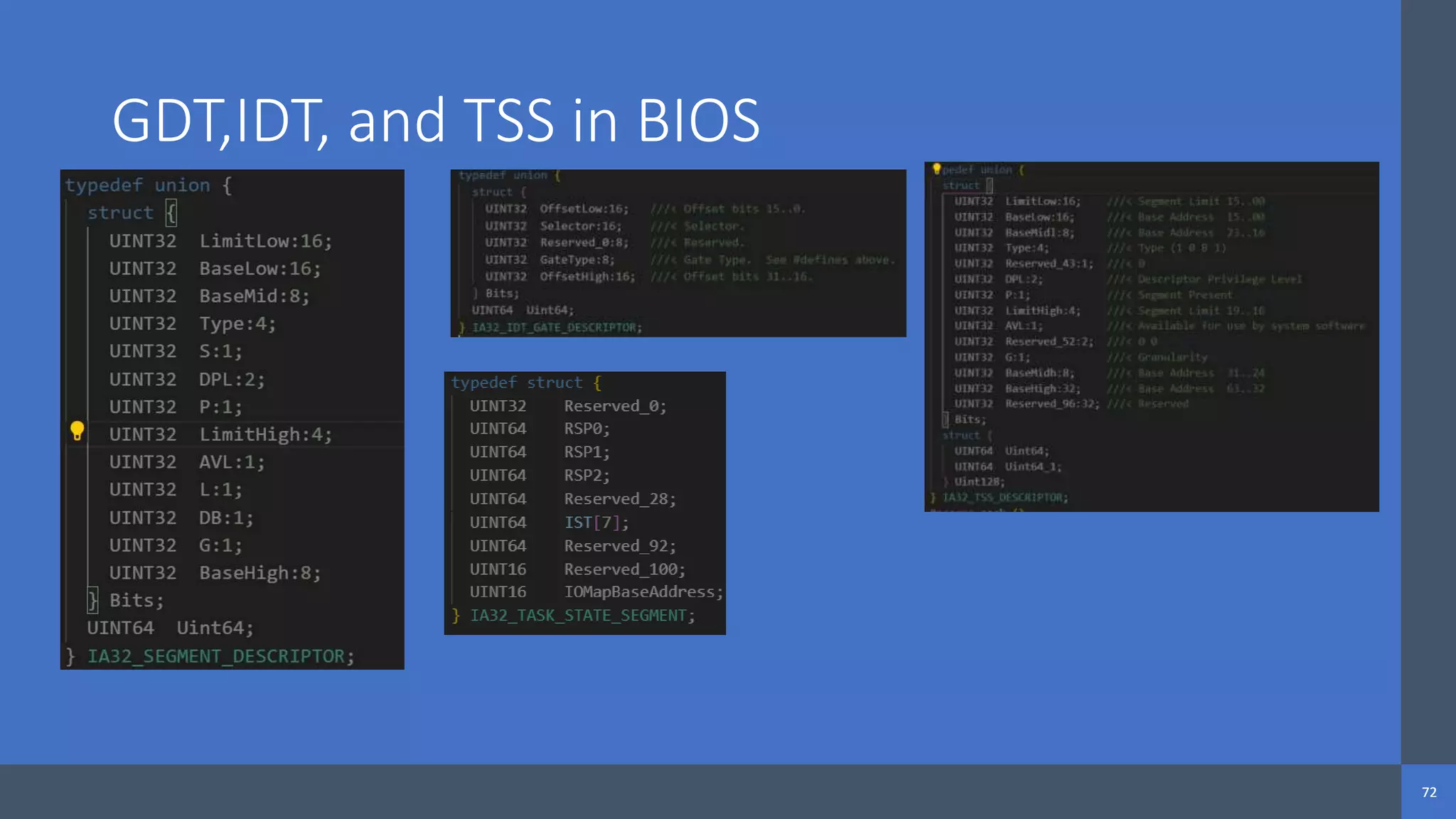 Intel Confidential
Department or Event Name 72
Intel Confidential
Department or Event Name 72
72
GDT,IDT, and TSS in BIOS
 