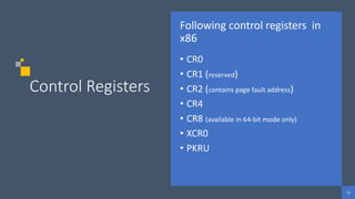 13
13
13
Control Registers
Following control registers in
x86
• CR0
• CR1 (reserved)
• CR2 (contains page fault address)
• CR4
• CR8 (available in 64-bit mode only)
• XCR0
• PKRU
 