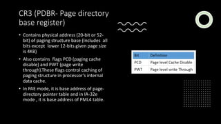 Intel Confidential
Department or Event Name 16
Intel Confidential
Department or Event Name 16
16
CR3 (PDBR- Page directory
base register)
• Contains physical address (20-bit or 52-
bit) of paging structure base (Includes all
bits except lower 12-bits given page size
is 4KB)
• Also contains flags PCD (paging cache
disable) and PWT (page write
through).These flags control caching of
paging structure in processor’s internal
data cache.
• In PAE mode, it is base address of page-
directory pointer table and in IA-32e
mode , it is base address of PML4 table.
 