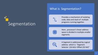 21
21
21
Segmentation
What is Segmentation?
Provides a mechanism of isolating
code, data and stack of multiple
programs running together.
Here , processor’s linear address
space is divided in multiple smaller
segments.
A Segment is addressed by Logical
address which is “Segment
Selector (16-bit)+ Offset (32-bit)”
 