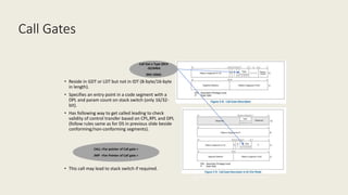 Intel Confidential
Department or Event Name 63
Intel Confidential
Department or Event Name 63
63
Call Gates
• Reside in GDT or LDT but not in IDT (8-byte/16-byte
in length).
• Specifies an entry point in a code segment with a
DPL and param count on stack switch (only 16/32-
bit).
• Has following way to get called leading to check
validity of control transfer based on CPL,RPL and DPL
(follow rules same as for DS in previous slide beside
conforming/non-conforming segments).
• This call may lead to stack switch if required.
Call Gat e Type (0CH
-32/64bit
04H-16bit)
CALL <Far pointer of Call gate >
JMP <Far Pointer of Call gate >
Reference from Intel® 64 and IA-32 Architecture Software Developer’s Manual
Vol 3
 
