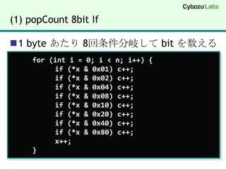 (1) popCount 8bit If1 byte あたり 8回条件分岐して bit を数える	for (int i = 0; i < n; i++) {		if (*x & 0x01) c++;		if (*x & 0x02) c++;		if (*x & 0x04) c++;		if (*x & 0x08) c++;		if (*x & 0x10) c++;		if (*x & 0x20) c++;		if (*x & 0x40) c++;		if (*x & 0x80) c++;		x++;}