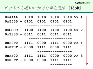 ビットのふるいにかけながら足す（16bit）0xAAAA   1010  1010  1010  1010 >> 10x5555 + 0101  0101  0101  0101 ---------------------0xCCCC 1100  1100  1100  1100 >> 20x3333 + 0011  0011  0011  0011 --------------------0xF0F0   1111  0000  1111  0000 >> 40x0F0F + 0000  1111  0000  1111 ----------------0xFF00   1111  1111  0000  0000 >> 80x00FF + 0000  0000  1111  1111----------