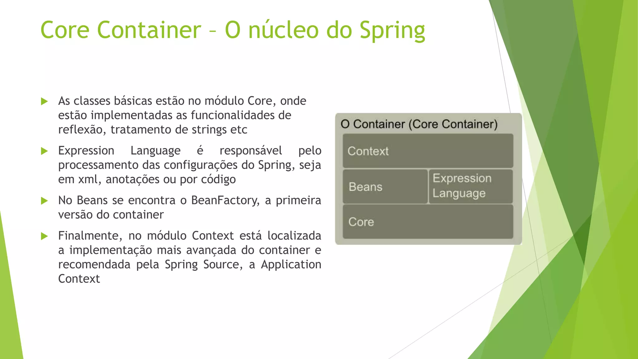 Core Container – O núcleo do Spring  As classes básicas estão no módulo Core, onde estão implementadas as funcionalidades de reflexão, tratamento de strings etc  Expression Language é responsável pelo processamento das configurações do Spring, seja em xml, anotações ou por código  No Beans se encontra o BeanFactory, a primeira versão do container  Finalmente, no módulo Context está localizada a implementação mais avançada do container e recomendada pela Spring Source, a Application Context 