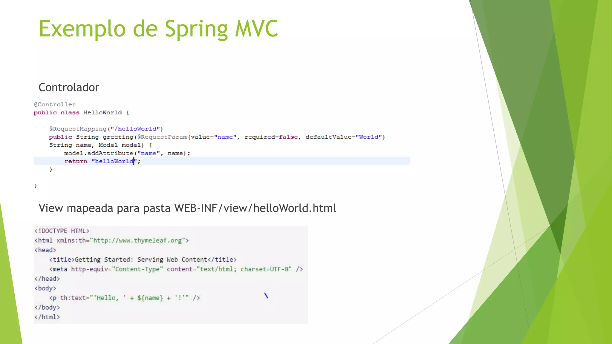 Exemplo de Spring MVC Controlador View mapeada para pasta WEB-INF/view/helloWorld.html 