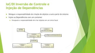 IoC/DI Inversão de Controle e 
Injeção de Dependências 
 Delegue a responsabilidade de criação de objetos a outra parte do sistema 
 Injete as Dependências com um container 
 Encapsule a responsabilidade de criar objetos em um único local 
 