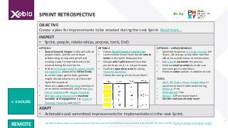SPRINT RETROSPECTIVE
13
REMOTE
≤ 3 HOURS
OBJECTIVE
Create a plan for improvements to be enacted during the next Sprint. Re...