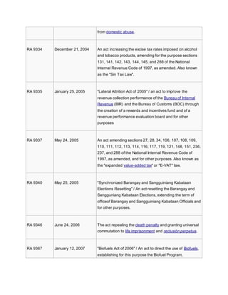 from domestic abuse.
RA 9334 December 21, 2004 An act increasing the excise tax rates imposed on alcohol
and tobacco products, amending for the purpose sections
131, 141, 142, 143, 144, 145, and 288 of the National
Internal Revenue Code of 1997, as amended. Also known
as the "Sin Tax Law".
RA 9335 January 25, 2005 "Lateral Attrition Act of 2005" / an act to improve the
revenue collection performance of the Bureau of Internal
Revenue (BIR) and the Bureau of Customs (BOC) through
the creation of a rewards and incentives fund and of a
revenue performance evaluation board and for other
purposes
RA 9337 May 24, 2005 An act amending sections 27, 28, 34, 106, 107, 108, 109,
110, 111, 112, 113, 114, 116, 117, 119, 121, 148, 151, 236,
237, and 288 of the National Internal Revenue Code of
1997, as amended, and for other purposes. Also known as
the "expanded value-added tax" or "E-VAT" law.
RA 9340 May 25, 2005 "Synchronized Barangay and Sangguiniang Kabataan
Elections Resetting" / An act resetting the Barangay and
Sangguniang Kabataan Elections, extending the term of
officeof Barangay and Sangguiniang Kabataan Officials and
for other purposes.
RA 9346 June 24, 2006 The act repealing the death penalty and granting universal
commutation to life imprisonment and reclusión perpetua.
RA 9367 January 12, 2007 "Biofuels Act of 2006" / An act to direct the use of Biofuels,
establishing for this purpose the Biofuel Program,
 