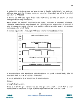 69 
69 
www.facebook.com/fbseletronica 
A saída PWM no Arduino pode ser feita através da função analogWrite(), que pode ser 
utilizada para controle diversos, como por exemplo a intensidade do brilho de um led 
conectado ao ARDUINO. 
A técnica de PWM (do inglês Pulse width modulation) consiste em emular um sinal 
analógico através de pulsos digitais. 
PWM consiste na variação proporcional dos pulsos, mantendo a frequência constante. 
Saídas de baixo nível de sinal analógico são conseguidas com pulso curtos de nível lógico 
alto, já saídas com maior nível de sinal analógico são conseguidos através de períodos 
maiores de pulso em nível alto. 
A figura a seguir exibe a modulação PWM para variar a intensidade de um led: 
O Arduino possui pinos específicos com essa função. Na placa ARDUINO UNO, pode se 
utilizar os pinos 3,5,6,9,10 e 11 para esta função. 
A função analogWrite deve ser utilizada da seguinte forma: 
Sintaxe: 
analogWrite(pino, valor); 
Onde o parâmetro pino corresponde ao pino que será gerado o sinal PWM e valor 
corresponde ao duty cycle, ou seja, o valor que permanecerá em nível alto o sinal. 
 