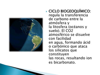    CICLO BIOGEOQUÍMICO:
    regula la transferencia
    de carbono entre la
    atmósfera y
    la litosfera (océanos y
    suelo). El CO2
    atmosférico se disuelve
    con facilidad
    en agua, formando ácid
    o carbónico que ataca
    los silicatos que
    constituyen
    las rocas, resultando ion
    es bicarbonato.
 