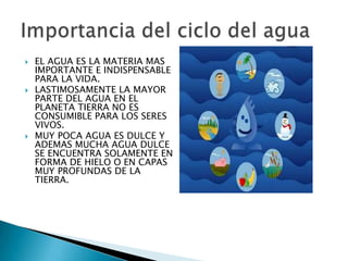    EL AGUA ES LA MATERIA MAS
    IMPORTANTE E INDISPENSABLE
    PARA LA VIDA.
   LASTIMOSAMENTE LA MAYOR
    PARTE DEL AGUA EN EL
    PLANETA TIERRA NO ES
    CONSUMIBLE PARA LOS SERES
    VIVOS.
   MUY POCA AGUA ES DULCE Y
    ADEMAS MUCHA AGUA DULCE
    SE ENCUENTRA SOLAMENTE EN
    FORMA DE HIELO O EN CAPAS
    MUY PROFUNDAS DE LA
    TIERRA.
 