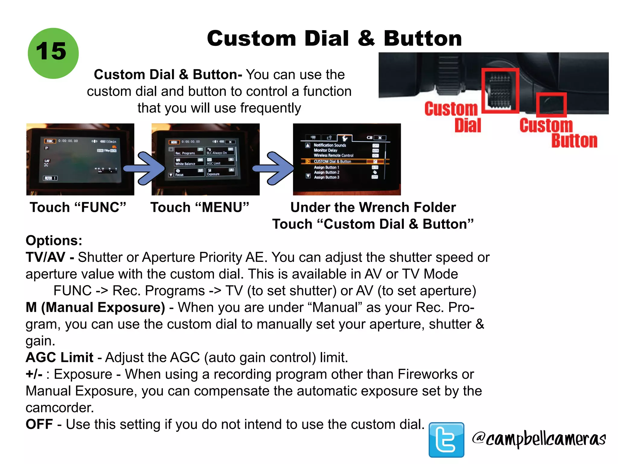 Custom Dial & Button
Custom Dial & Button- You can use the
custom dial and button to control a function
that you will use frequently
15
Options:
TV/AV - Shutter or Aperture Priority AE. You can adjust the shutter speed or
aperture value with the custom dial. This is available in AV or TV Mode
	 FUNC -> Rec. Programs -> TV (to set shutter) or AV (to set aperture)
M (Manual Exposure) - When you are under “Manual” as your Rec. Pro-
gram, you can use the custom dial to manually set your aperture, shutter &
gain.
AGC Limit - Adjust the AGC (auto gain control) limit.
+/- : Exposure - When using a recording program other than Fireworks or
Manual Exposure, you can compensate the automatic exposure set by the
camcorder.
OFF - Use this setting if you do not intend to use the custom dial.
Touch “FUNC” Touch “MENU” Under the Wrench Folder
Touch “Custom Dial & Button”
@campbellcameras
 