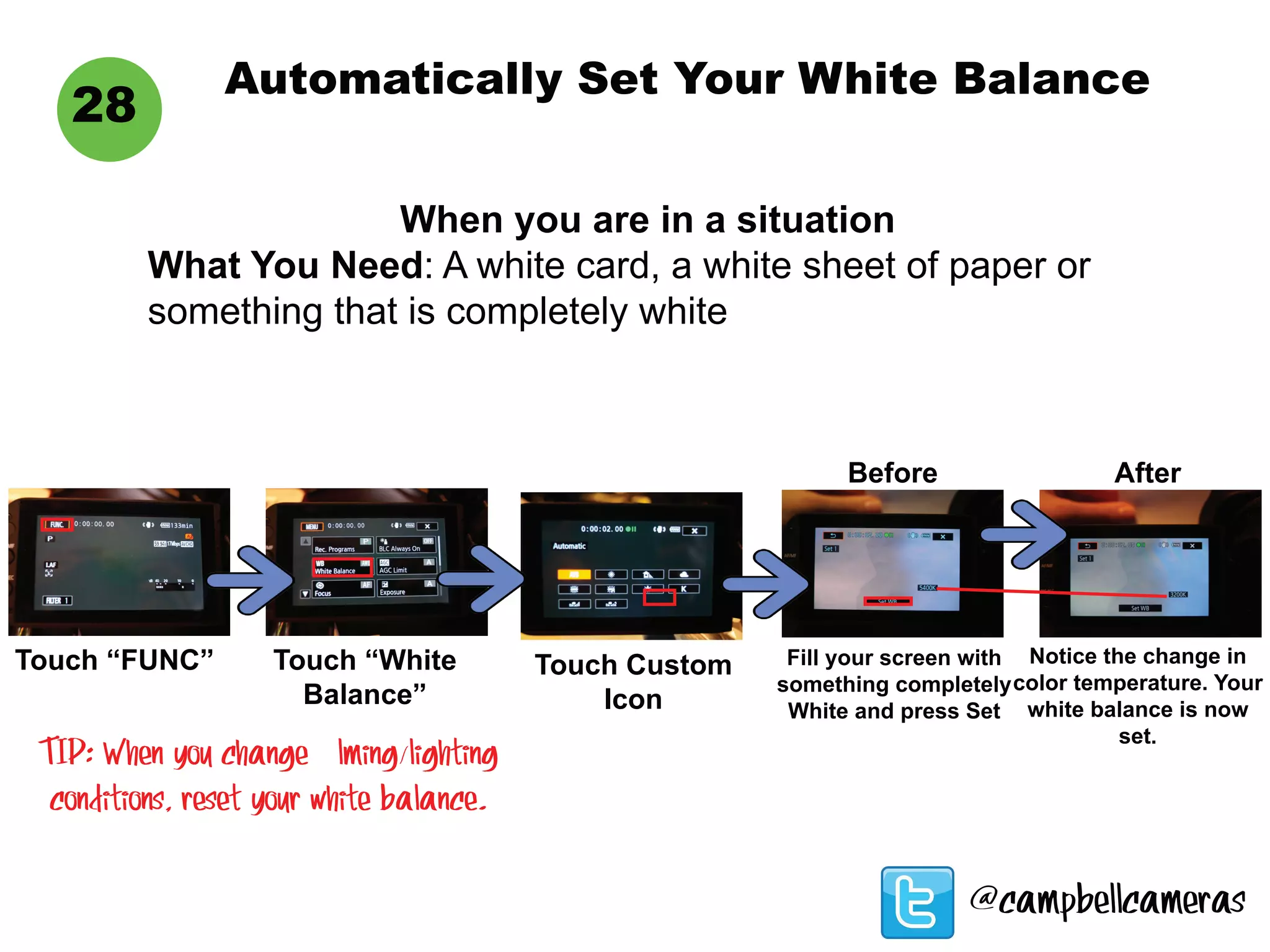 Automatically Set Your White Balance
28
When you are in a situation
What You Need: A white card, a white sheet of paper or
something that is completely white
Touch “FUNC” Touch “White
Balance”
Touch Custom
Icon
Fill your screen with
something completely
White and press Set
Notice the change in
color temperature. Your
white balance is now
set.
Before After
TIP: When you change filming/lighting
conditions, reset your white balance.
@campbellcameras
 