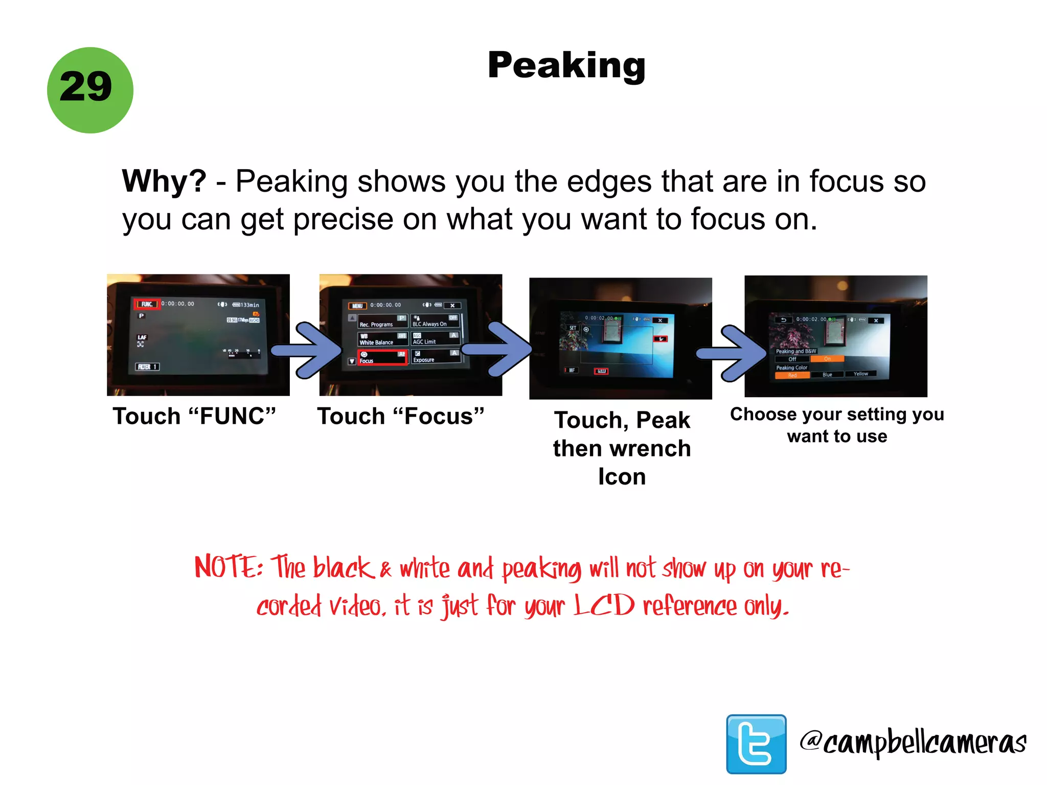 Peaking
29
Why? - Peaking shows you the edges that are in focus so
you can get precise on what you want to focus on.
Touch “FUNC” Touch “Focus” Touch, Peak
then wrench
Icon
Choose your setting you
want to use
NOTE: The black & white and peaking will not show up on your re-
corded video, it is just for your LCD reference only.
@campbellcameras
 