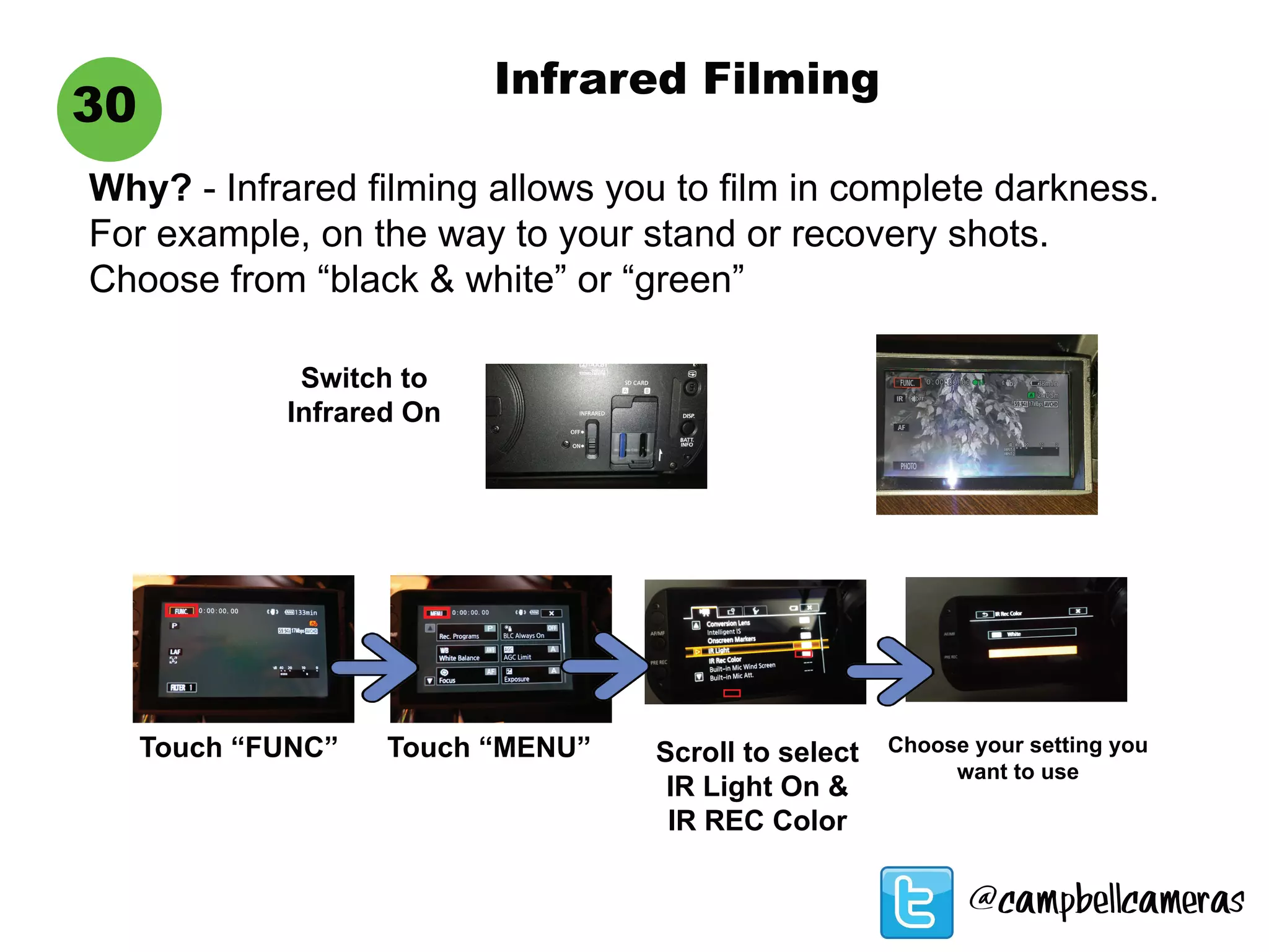 Infrared Filming
30
Why? - Infrared filming allows you to film in complete darkness.
For example, on the way to your stand or recovery shots.
Choose from “black & white” or “green”
Touch “FUNC” Touch “MENU” Scroll to select
IR Light On &
IR REC Color
Choose your setting you
want to use
@campbellcameras
Switch to
Infrared On
 