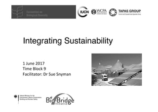 Integrating Sustainability
1	June	2017	
Time	Block	9	
Facilitator:	Dr	Sue	Snyman	
 