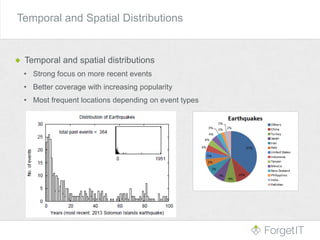 Temporal and spatial distributions
• Strong focus on more recent events
• Better coverage with increasing popularity
• Most frequent locations depending on event types
Temporal and Spatial Distributions
 