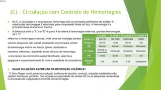 #interna
(C) – Circulação com Controle de Hemorragias
 No C, a circulação e a pesquisa por hemorragia são os principais parâmetros de análise. A
maioria das hemorragias é estancada pela compressão direta do foco. A Hemorragia é a
principal causa de morte no trauma.
 A diferença entre o “X” e o “C” é que o X se refere a hemorragias externas, grandes hemorragias.
Já o “C”
refere-se a hemorragias internas, onde deve-se investigar perdas de
volume sanguíneo não visível, analisando os principais pontos
de hemorragia interna no trauma (pelve, abdomem e
membros inferiores), avaliando sinais clínicos de hemorragia
como tempo de enchimento capilar lentificado, pele fria e
pegajosa e comprometimento do nível e qualidade de consciência.
 QUAIS SOLUÇÕES EMPREGAR NA REPOSIÇÃO VOLÊMICA?
O Soro Ringer com Lactato é a solução isotônica de escolha, contudo, soluções cristaloides não
repõem hemácias, portanto, não recupera a capacidade de carrear O2 ou as plaquetas necessárias
no processo de coagulação e controle de hemorragias.
 
