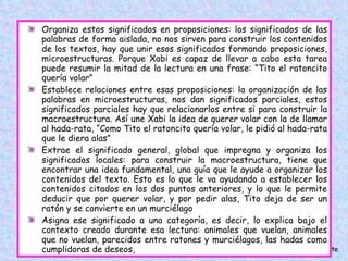 Organiza estos significados en proposiciones: los significados de las palabras de forma aislada, no nos sirven para construir los contenidos de los textos, hay que unir esos significados formando proposiciones, microestructuras. Porque Xabi es capaz de llevar a cabo esta tarea puede resumir la mitad de la lectura en una frase: “Tito el ratoncito quería volar” Establece relaciones entre esas proposiciones: la organización de las palabras en microestructuras, nos dan significados parciales, estos significados parciales hay que relacionarlos entre si para construir la macroestructura. Así une Xabi la idea de querer volar con la de llamar al hada-rata, “Como Tito el ratoncito quería volar, le pidió al hada-rata que le diera alas” Extrae el significado general, global que impregna y organiza los significados locales: para construir la macroestructura, tiene que encontrar una idea fundamental, una guía que le ayude a organizar los contenidos del texto. Esto es lo que le va ayudando a establecer los contenidos citados en los dos puntos anteriores, y lo que le permite deducir que por querer volar, y por pedir alas, Tito deja de ser un ratón y se convierte en un murciélago  Asigna ese significado a una categoría, es decir, lo explica bajo el contexto creado durante esa lectura: animales que vuelan, animales que no vuelan, parecidos entre ratones y murciélagos, las hadas como cumplidoras de deseos,  