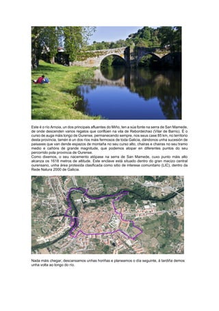 Este é o río Arnoia, un dos principais afluentes do Miño, ten a súa fonte na serra de San Mamede,
de onde descenden varios regatos que conflúen na vila de Rebordechao (Vilar de Barrio). É o
curso de auga máis longo de Ourense, permanecendo sempre, nos seus case 85 km, no territorio
desta provincia, tamén é un dos ríos máis fermosos de toda Galicia, dándonos unha sucesión de
paisaxes que van dende espazos de montaña no seu curso alto, chairas e chairas no seu tramo
medio e cañóns de grande magnitude, que podemos atopar en diferentes puntos do seu
percorrido pola provincia de Ourense.
Como dixemos, o seu nacemento atópase na serra de San Mamede, cuxo punto máis alto
alcanza os 1618 metros de altitude. Este enclave está situado dentro do gran macizo central
ourensano, unha área protexida clasificada como sitio de interese comunitario (LIC), dentro da
Rede Natura 2000 de Galicia.
Nada máis chegar, descansamos unhas horiñas e planeamos o día seguinte, á tardiña demos
unha volta ao longo do río.
 