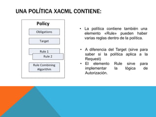 UNA POLÍTICA XACML CONTIENE:
• La política contiene también una
elemento «Rule» pueden haber
varias reglas dentro de la política.
• A diferencia del Target (sirve para
saber si la política aplica a la
Request)
• El elemento Rule sirve para
implementar la lógica de
Autorización.
 