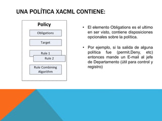 UNA POLÍTICA XACML CONTIENE:
• El elemento Obligations es el ultimo
en ser visto, contiene disposiciones
opcionales sobre la política.
• Por ejemplo, si la salida de alguna
política fue (permit,Deny, etc)
entonces mande un E-mail al jefe
de Departamento (útil para control y
registro)
 