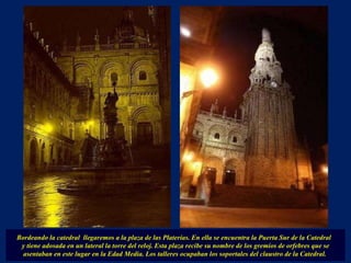 Bordeando la catedral  llegaremos a la plaza de las Platerías. En ella se encuentra la Puerta Sur de la Catedral  y tiene adosada en un lateral la torre del reloj. Esta plaza recibe su nombre de los gremios de orfebres que se asentaban en este lugar en la Edad Media. Los talleres ocupaban los soportales del claustro de la Catedral.  