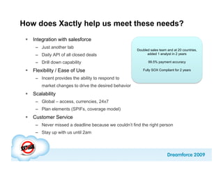How does Xactly help us meet these needs?
   Integration with salesforce
     –  Just another tab
                                                       Doubled sales team and at 20 countries,
     –  Daily API of all closed deals                        added 1 analyst in 2 years

     –  Drill down capability                                 99.5% payment accuracy

   Flexibility / Ease of Use                             Fully SOX Compliant for 2 years

     –  Incent provides the ability to respond to
        market changes to drive the desired behavior
   Scalability
     –  Global – access, currencies, 24x7
     –  Plan elements (SPIFs, coverage model)
   Customer Service
     –  Never missed a deadline because we couldn’t find the right person
     –  Stay up with us until 2am
 