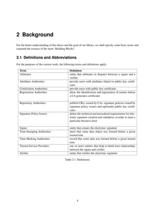 2 Background
For the better understanding of this thesis and the goal of our library, we shall specify some basic terms and
expound the essence of the main ‘Building Blocks’.


2.1 Deﬁnitions and Abbreviations
For the purposes of the current work, the following terms and deﬁnitions apply:

  Term                                         Deﬁnition
  Arbitrator                                   entity that arbitrates in disputes between a signer and a
                                               veriﬁer
  Attributes Authorities                       provide users with attributes linked to public key certiﬁ-
                                               cates
  Certiﬁcation Authorities                     provide users with public key certiﬁcates
  Registration Authorities                     allow the identiﬁcation and registration of entities before
                                               a CA generates certiﬁcates

  Repository Authorities                       publish CRLs issued by CAs, signature policies issued by
                                               signature policy issuers and optionally public key certiﬁ-
                                               cates
  Signature Policy Issuers                     deﬁne the technical and procedural requirements for elec-
                                               tronic signature creation and validation, in order to meet a
                                               particular business need

  Signer                                       entity that creates the electronic signature
  Time-Stamping Authorities                    attest that some data object was formed before a given
                                               trusted time
  Time-Marking Authorities                     record that some data was formed before a given trusted
                                               time
  Trusted Service Providers                    one or more entities that help to build trust relationships
                                               between the signer and veriﬁer
  Veriﬁer                                      entity that veriﬁes the electronic signature

                                           Table 2.1: Deﬁnitions




                                                      4
 