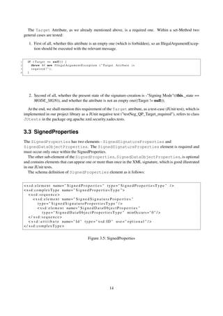 The Target Attribute, as we already mentioned above, is a required one. Within a set-Method two
    general cases are tested:

        1. First of all, whether this attribute is an empty one (which is forbidden), so an IllegalArgumentExcep-
           tion should be executed with the relevant message.


1      i f ( T a r g e t == n u l l } ) {
2         throw b f new I l l e g a l A r g u m e n t E x c e p t i o n ( " T a r g e t A t t i b u t e i s
3         required ! " );
4      }




        2. Second of all, whether the present state of the signature-creation is -"Signing Mode"((this._state ==
           MODE_SIGN)), and whether the attribute is not an empty one((Target != null));

      At the end, we shall mention this requirement of the Target attribute, as a test-case (JUnit test), which is
    implemented in our project library as a JUnit negative test ("testNeg_QP_Target_required"), refers to class
    JUtests in the package org.apache.xml.security.xades.tests.


    3.3 SignedProperties
    The SignedProperties has two elements - SignedSignatureProperties and
    SignedDataObjectProperties. The SignedSignatureProperties element is required and
    must occur only once within the SignedProperties.
       The other sub-element of the SignedProperties, SignedDataObjectProperties, is optional
    and contains elements that can appear one or more than once in the XML signature, which is good illustrated
    in our JUnit tests.
       The schema deﬁnition of SignedProperties element as it follows:


    < x s d : e l e m e n t name= " S i g n e d P r o p e r t i e s " t y p e = " S i g n e d P r o p e r t i e s T y p e " / >
    < x s d : c o m p l e x T y p e name= " S i g n e d P r o p e r t i e s T y p e " >
        <xsd:sequence>
            < x s d : e l e m e n t name= " S i g n e d S i g n a t u r e P r o p e r t i e s "
                 type =" S i g n e d S i g n a t u r e P r o p e r t i e s T y p e " / >
                < x s d : e l e m e n t name= " S i g n e d D a t a O b j e c t P r o p e r t i e s "
                    t y p e =" S i g n e d D a t a O b j e c t P r o p e r t i e s T y p e " minOccurs=" 0 " / >
        </ xsd:sequence>
        < x s d : a t t r i b u t e name= " I d " t y p e = " x s d : I D " u s e = " o p t i o n a l " / >
    < / xsd:complexType>


                                                               Figure 3.5: SignedProperties




                                                                                   14
 