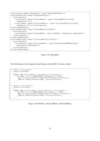 < x s d : e l e m e n t name= " S i g n e r R o l e " t y p e = " S i g n e r R o l e T y p e " / >
     < x s d : c o m p l e x T y p e name= " S i g n e r R o l e T y p e " >
         <xsd:sequence>
             < x s d : e l e m e n t name= " C l a i m e d R o l e s " t y p e = " C l a i m e d R o l e s L i s t T y p e "
                  minOccurs=" 0 " / >
             < x s d : e l e m e n t name= " C e r t i f i e d R o l e s " t y p e = " C e r t i f i e d R o l e s L i s t T y p e "
                  m i n O c c u r s = " 0 " / >< / x s d : s e q u e n c e >
     < / xsd:complexType>
     < x s d : c o m p l e x T y p e name= " C l a i m e d R o l e s L i s t T y p e " >
         <xsd:sequence>
             < x s d : e l e m e n t name= " C l a i m e d R o l e " t y p e = " AnyType " maxOccurs = " unbounded " / >
         </ xsd:sequence>
     < / xsd:complexType>
     < x s d : c o m p l e x T y p e name= " C e r t i f i e d R o l e s L i s t T y p e " >
         <xsd:sequence>
             < x s d : e l e m e n t name= " C e r t i f i e d R o l e " t y p e = " E n c a p s u l a t e d P K I D a t a T y p e "
                  maxOccurs = " unbounded " / >
         </ xsd:sequence>
     < / xsd:complexType>


                                                                  Figure 3.29: SignerRole




     The following java-Code fragments shall illustrate this XAdES - element in detail:


 1   / ∗ ∗ Method s e t C l a i m e d R o l e s
 2       ∗ @param C l a i m e d R o l e s
 3       ∗/
 4          public void setClaimedRoles ( ClaimedRolesList ClaimedRoles ) {
 5              i f ( ( t h i s . _ s t a t e == MODE_SIGN)&& ( C l a i m e d R o l e s ! = n u l l ) ) {
 6                t h i s . _ c o n s t r u c t i o n E l e m e n t . appendChild ( ClaimedRoles . getElement ( ) ) ;
 7                XMLUtils . a d d R e t u r n T o E l e m e n t ( t h i s . _ c o n s t r u c t i o n E l e m e n t ) ;
 8              }
 9          }
10
11   / ∗ ∗ Method s e t C e r t i f i e d R o l e s
12       ∗ @param C e r t i f i e d R o l e s
13       ∗/
14          public void s e t C e r t i f i e d R o l e s ( C e r t i f i e d R o l e s L i s t C e r t i f i e d R o l e s ) {
15              i f ( ( t h i s . _ s t a t e == MODE_SIGN)&& ( C e r t i f i e d R o l e s ! = n u l l ) ) {
16                t h i s . _constructionElement . appendChild ( C e r t i f i e d R o l e s . getElement ( ) ) ;
17                XMLUtils . a d d R e t u r n T o E l e m e n t ( t h i s . _ c o n s t r u c t i o n E l e m e n t ) ;
18              }
19          }



                                        Figure 3.30: Methods: setClaimedRoles, setCertiﬁedRoles




                                                                                  32
 