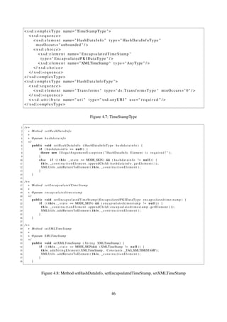 < x s d : c o m p l e x T y p e name= " TimeStampType " >
         <xsd:sequence>
             < x s d : e l e m e n t name= " H a s h D a t a I n f o " t y p e = " H a s h D a t a I n f o T y p e "
                maxOccurs = " unbounded " / >
             <xsd:choice>
                 < x s d : e l e m e n t name= " E n c a p s u l a t e d T i m e S t a m p "
                   type =" EncapsulatedPKIDataType " / >
                 < x s d : e l e m e n t name= " XMLTimeStamp " t y p e = " AnyType " / >
             </ xsd:choice>
         </ xsd:sequence>
     < / xsd:complexType>
     < x s d : c o m p l e x T y p e name= " H a s h D a t a I n f o T y p e " >
         <xsd:sequence>
             < x s d : e l e m e n t name= " T r a n s f o r m s " t y p e = " d s : T r a n s f o r m s T y p e " m i n O c c u r s = " 0 " / >
         </ xsd:sequence>
         < x s d : a t t r i b u t e name= " u r i " t y p e = " x s d : a n y U R I " u s e = " r e q u i r e d " / >
     < / xsd:complexType>


                                                                  Figure 4.7: TimeStampType

 1   /∗∗
 2     ∗ Method s e t H a s h D a t a I n f o
 3     ∗
 4     ∗ @param h a s h d a t a i n f o
 5     ∗/
 6        public void setHashDataInfo ( HashDataInfoType h a s h d a t a i n f o ) {
 7            i f ( h a s h d a t a i n f o == n u l l ) {
 8              throw new I l l e g a l A r g u m e n t E x c e p t i o n ( " H a s h D a t a I n f o E l e m e n t i s r e q u i r e d ! " ) ;
 9            }
10            else        i f ( ( t h i s . _ s t a t e == MODE_SIGN) && ( h a s h d a t a i n f o ! = n u l l ) ) {
11              t h i s . _constructionElement . appendChild ( hashdatainfo . getElement ( ) ) ;
12              XMLUtils . a d d R e t u r n T o E l e m e n t ( t h i s . _ c o n s t r u c t i o n E l e m e n t ) ;
13            }
14        }
15
16   /∗∗
17     ∗ Method s e t E n c a p s u l a t e d T i m e S t a m p
18     ∗
19     ∗ @param e n c a p s u l a t e d t i m e s t a m p
20     ∗/
21        public void setEncapsulatedTimeStamp ( EncapsulatedPKIDataType e n c a p s u l a t e d t i m e s t a m p ) {
22            i f ( ( t h i s . _ s t a t e == MODE_SIGN) && ( e n c a p s u l a t e d t i m e s t a m p ! = n u l l ) ) {
23              t h i s . _constructionElement . appendChild ( encapsulatedtimestamp . getElement ( ) ) ;
24              XMLUtils . a d d R e t u r n T o E l e m e n t ( t h i s . _ c o n s t r u c t i o n E l e m e n t ) ;
25            }
26        }
27
28   /∗∗
29     ∗ Method setXMLTimeStamp
30     ∗
31     ∗ @param XMLTimeStamp
32     ∗/
33        p u b l i c v o i d setXMLTimeStamp ( S t r i n g XMLTimeStamp ) {
34                i f ( ( t h i s . _ s t a t e == MODE_SIGN)&& ( XMLTimeStamp ! = n u l l ) ) {
35                  t h i s . a d d S t r i n g E l e m e n t ( XMLTimeStamp , C o n s t a n t s . _TAG_XMLTIMESTAMP ) ;
36                  XMLUtils . a d d R e t u r n T o E l e m e n t ( t h i s . _ c o n s t r u c t i o n E l e m e n t ) ;
37               }
38        }



                    Figure 4.8: Method setHashDataInfo, setEncapsulatedTimeStamp, setXMLTimeStamp



                                                                                      46
 