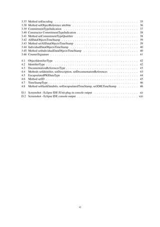 3.37   Method setEncoding . . . . . . . . . . . . .     .   .   .   .   .   .   .   .   .   .   .   .   .   .   .   .   .   .   .   .   .   .   .   .   .   35
3.38   Method setObjectReference attribite . . . . .    .   .   .   .   .   .   .   .   .   .   .   .   .   .   .   .   .   .   .   .   .   .   .   .   .   36
3.39   CommitmentTypeIndication . . . . . . . . .       .   .   .   .   .   .   .   .   .   .   .   .   .   .   .   .   .   .   .   .   .   .   .   .   .   37
3.40   Constructor CommitmentTypeIndication . . .       .   .   .   .   .   .   .   .   .   .   .   .   .   .   .   .   .   .   .   .   .   .   .   .   .   38
3.41   Method setCommitmentTypeQualiﬁer . . . .         .   .   .   .   .   .   .   .   .   .   .   .   .   .   .   .   .   .   .   .   .   .   .   .   .   38
3.42   AllDataObjectsTimeStamp . . . . . . . . . .      .   .   .   .   .   .   .   .   .   .   .   .   .   .   .   .   .   .   .   .   .   .   .   .   .   39
3.43   Method setAllDataObjectsTimeStamp . . . .        .   .   .   .   .   .   .   .   .   .   .   .   .   .   .   .   .   .   .   .   .   .   .   .   .   39
3.44   IndividualDataObjectsTimeStamp . . . . . .       .   .   .   .   .   .   .   .   .   .   .   .   .   .   .   .   .   .   .   .   .   .   .   .   .   40
3.45   Method setIndividualDataObjectsTimeStamp         .   .   .   .   .   .   .   .   .   .   .   .   .   .   .   .   .   .   .   .   .   .   .   .   .   40
3.46   CounterSignature . . . . . . . . . . . . . . .   .   .   .   .   .   .   .   .   .   .   .   .   .   .   .   .   .   .   .   .   .   .   .   .   .   41

4.1    ObjectIdentiﬁerType . . . . . . . . . . . . . . . . . . . . . . . . . . . . .                                    .   .   .   .   .   .   .   .   .   42
4.2    IdentiﬁerType . . . . . . . . . . . . . . . . . . . . . . . . . . . . . . . . .                                  .   .   .   .   .   .   .   .   .   42
4.3    DocumentationReferencesType . . . . . . . . . . . . . . . . . . . . . . . .                                      .   .   .   .   .   .   .   .   .   43
4.4    Methods setIdentiﬁer, setDescription, setDocumentationReferences . . . .                                         .   .   .   .   .   .   .   .   .   43
4.5    EncapsulatedPKIDataType . . . . . . . . . . . . . . . . . . . . . . . . . .                                      .   .   .   .   .   .   .   .   .   44
4.6    Method setID . . . . . . . . . . . . . . . . . . . . . . . . . . . . . . . . .                                   .   .   .   .   .   .   .   .   .   45
4.7    TimeStampType . . . . . . . . . . . . . . . . . . . . . . . . . . . . . . . .                                    .   .   .   .   .   .   .   .   .   46
4.8    Method setHashDataInfo, setEncapsulatedTimeStamp, setXMLTimeStamp                                                .   .   .   .   .   .   .   .   .   46

D.1 Screenshot - Eclipse IDE JUnit plug-in console output . . . . . . . . . . . . . . . . . . . . xii
D.2 Screenshot - Eclipse IDE console output . . . . . . . . . . . . . . . . . . . . . . . . . . . . xiii




                                                   vi
 