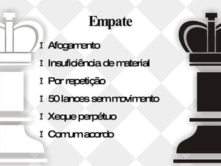 Empate Afogamento Insuficiência de material Por repetição 50 lances sem movimento Xeque perpétuo Comum acordo 